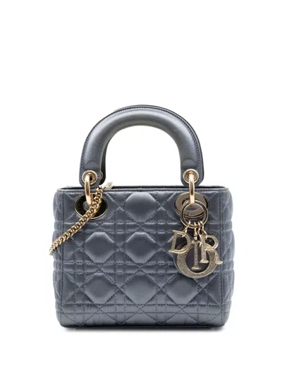 Pre-owned Dior 2019 Mini Satin Cannage Swarovski Crystal Lady  Satchel In Gray