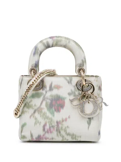 Pre-owned Dior 2019 Mini Satin Floral Crystal Lady  Satchel In White