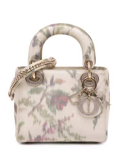 Pre-owned Dior 2019 Mini Satin Floral Crystal Lady  Satchel In White