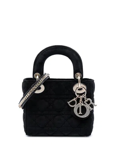 Pre-owned Dior 2019 Mini Velvet Cannage Lady  Satchel In Black
