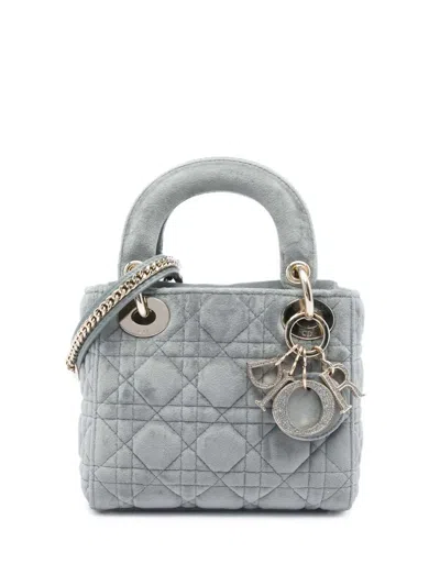 Pre-owned Dior 2019 Mini Velvet Cannage Lady  Satchel In Grey