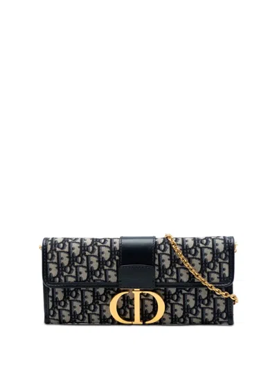 Pre-owned Dior 2019 Oblique Canvas 30 Montaigne Clutch With Chain Crossbody Bag In Blue