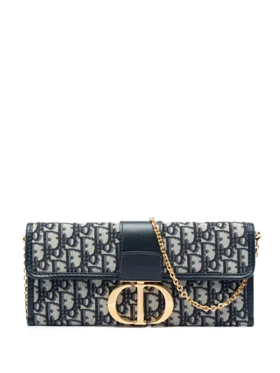 Pre-owned Dior 2019 Oblique Canvas 30 Montaigne Clutch With Chain Crossbody Bag In Blue