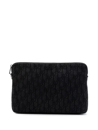 Pre-owned Dior 2019 Oblique Canvas A4 Zipped Pouch Clutch Bag In Black