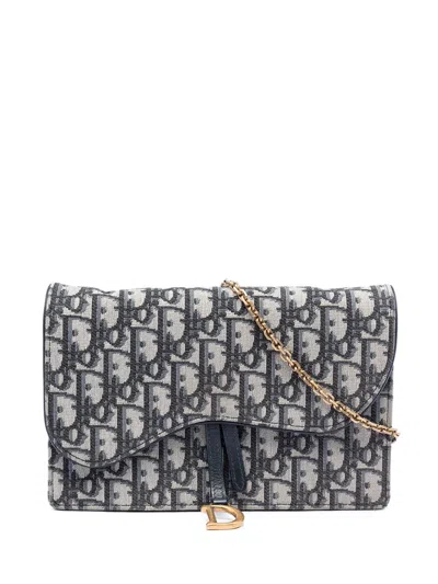 Pre-owned Dior 2019 Oblique Canvas Saddle Pouch Wallet On Chain Crossbody Bag In Blue