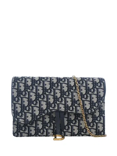 Pre-owned Dior 2019 Oblique Canvas Saddle Pouch Wallet On Chain Crossbody Bag In Blue