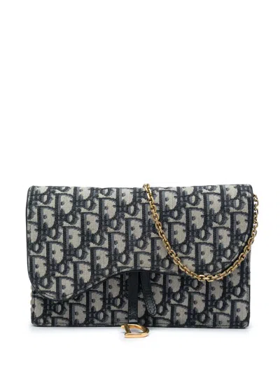 Pre-owned Dior 2019 Oblique Canvas Saddle Pouch Wallet On Chain Crossbody Bag In Blue