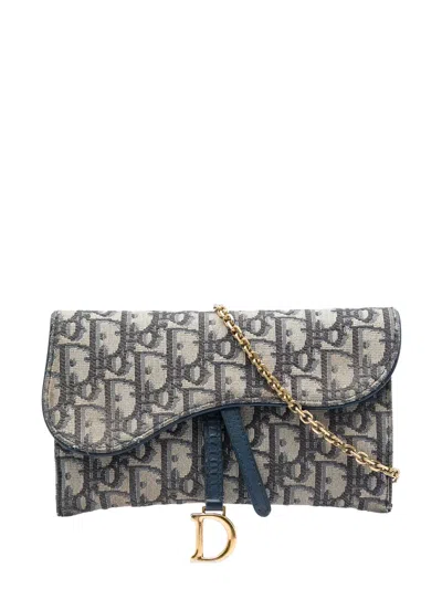 Pre-owned Dior 2019 Oblique Canvas Saddle Wallet On Chain Crossbody Bag In Blue