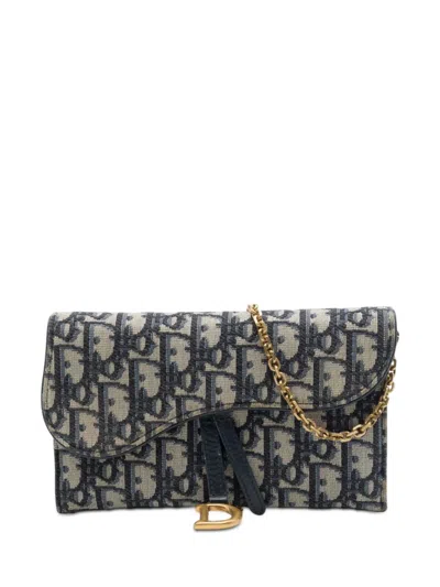 Pre-owned Dior 2019 Oblique Canvas Saddle Wallet On Chain Crossbody Bag In Blue