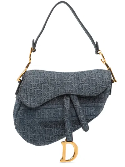 Pre-owned Dior 2019 Oblique Denim Embroidered Saddle Bag Shoulder Bag In Blue