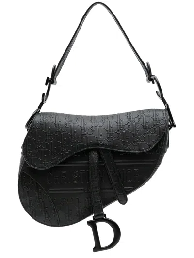 Pre-owned Dior 2019 Oblique Embossed Calfskin Saddle Bag Shoulder Bag In Black