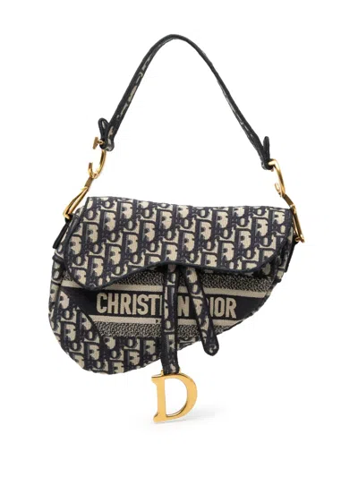 Pre-owned Dior 2019 Oblique Embroidered Canvas Saddle Bag Shoulder Bag In Blue