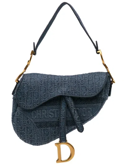 Pre-owned Dior 2019 Oblique Embroidered Denim Saddle Bag Shoulder Bag