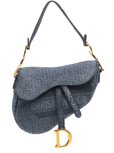 Pre-owned Dior 2019 Oblique Embroidered Denim Saddle Bag Shoulder Bag