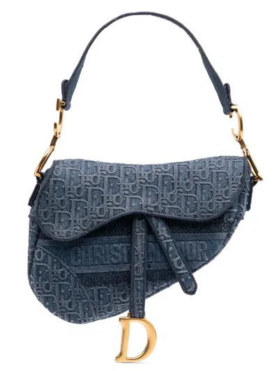 Pre-owned Dior 2019 Oblique Embroidered Denim Saddle Bag Shoulder Bag