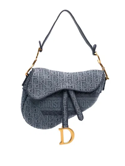 Pre-owned Dior 2019 Oblique Embroidered Denim Saddle Bag Shoulder Bag