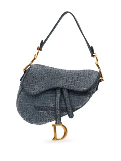 Pre-owned Dior 2019 Oblique Embroidered Denim Saddle Bag Shoulder Bag In Blue