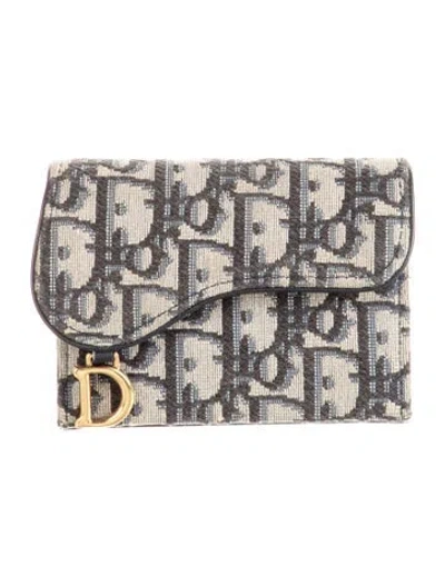 Pre-owned Dior 2019 Oblique Jacquard Compact Wallet In Blue