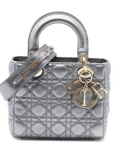 Pre-owned Dior 2019 Small Metallic Lambskin Cannage My Abc Lady  Satchel In Gray