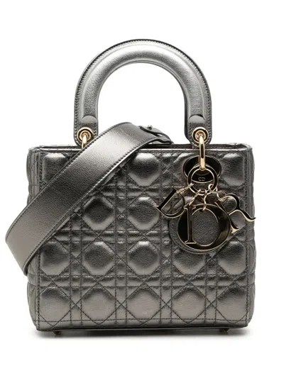 Pre-owned Dior 2019 Small Metallic Lambskin Cannage My Abc Lady  Satchel In Gray
