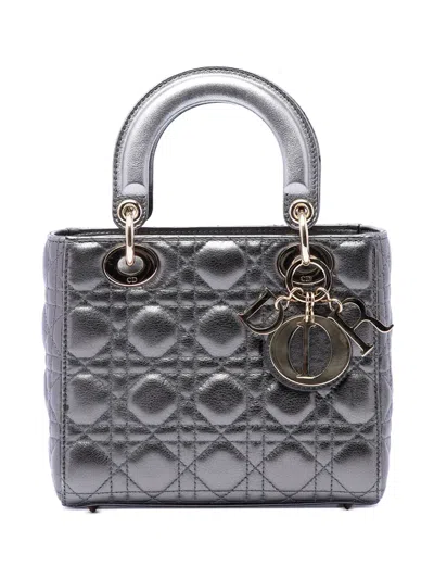 Pre-owned Dior 2019 Small Metallic Lambskin Cannage My Abc Lady  Satchel In Grey