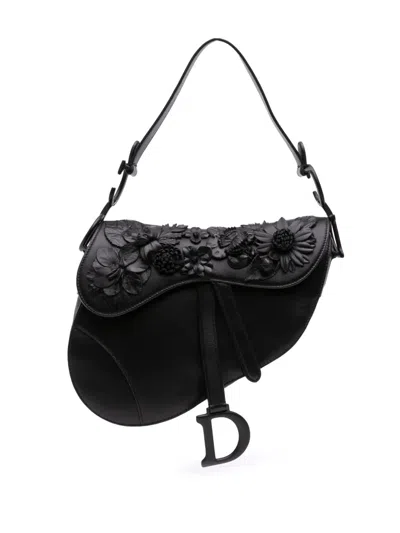 Pre-owned Dior 2019 Ultramatte Calfskin 3d Floral Saddle Bag Shoulder Bag In Black