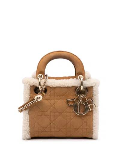 Pre-owned Dior 2020-2025 Mini Suede Cannage With Shearling Trim Lady  Satchel In Brown