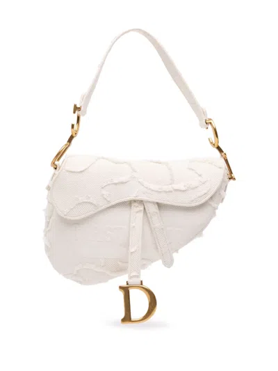 Pre-owned Dior 2020 Canvas Embroidered Camouflage Saddle Bag Shoulder Bag In White