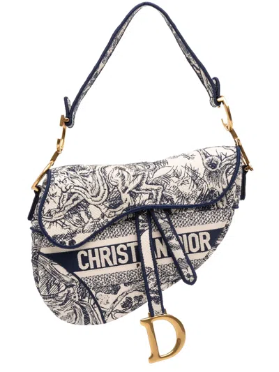 Pre-owned Dior 2020 Canvas Embroidered Toile De Jouy Saddle Bag Shoulder Bag In Blue