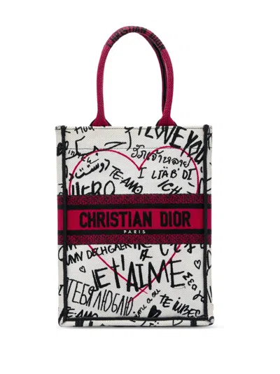 Pre-owned Dior 2020 Amour Embroidered Canvas Graffiti Vertical Book Tote Bag In White