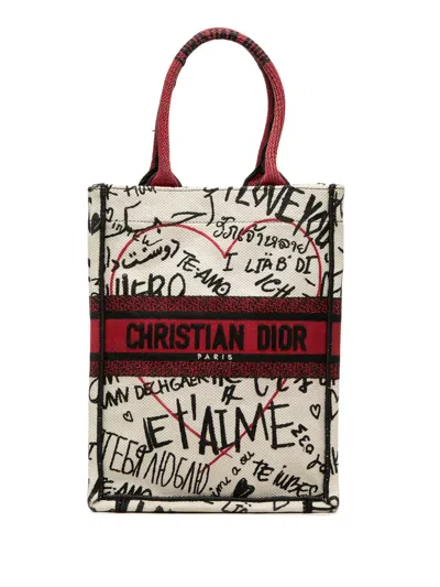 Pre-owned Dior 2020 Amour Embroidered Canvas Graffiti Vertical Book Tote Bag In White