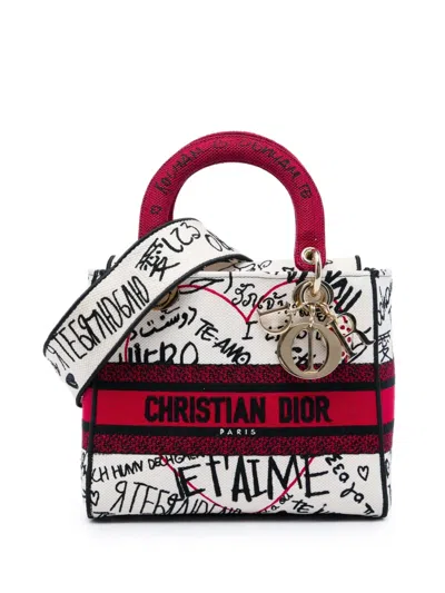Pre-owned Dior 2020 Amour Medium Embroidered Canvas Graffiti Lady D Lite Satchel In White