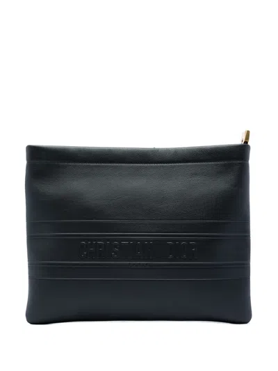 Pre-owned Dior 2020 Embossed Calfskin Logo Zip Clutch Bag In 黑色