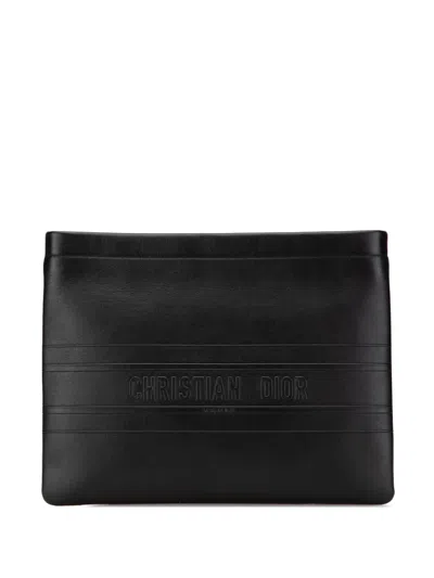 Pre-owned Dior 2020 Embossed Calfskin Logo Zip Clutch Bag In Black
