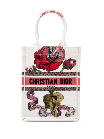 Pre-owned Dior 2020 Embroidered Canvas Fleurs Bibliques Vertical Book Tote Bag In Brown