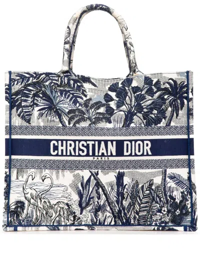 Pre-owned Dior 2020 Large Canvas Embroidered Palm Tree Toile De Jouy Book Tote Bag In 蓝色