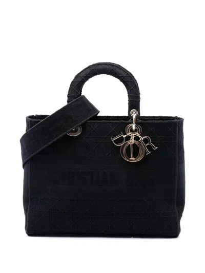Pre-owned Dior 2020 Large Embroidered Canvas Cannage Lady D Lite Satchel In Black