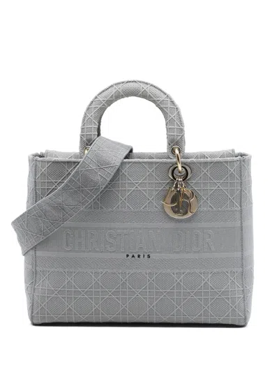 Pre-owned Dior 2020 Large Embroidered Canvas Cannage Lady D Lite Satchel In Grey