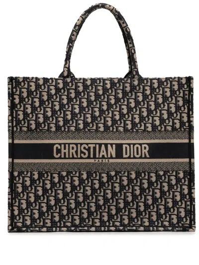 Pre-owned Dior 2020 Large Oblique Embroidered Canvas Book Tote Bag In Blue