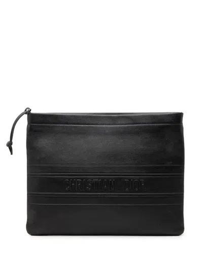 Pre-owned Dior 2020 Logo Embossed Leather Clutch Bag In Black