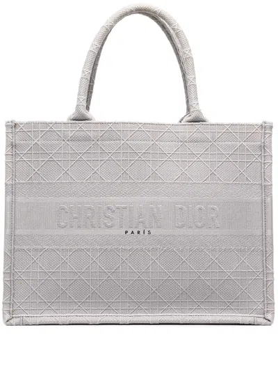 Pre-owned Dior 2020 Medium Cannage Embroidered Book Tote Bag In Grey