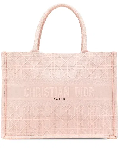 Pre-owned Dior 2020 Medium Canvas Cannage Embroidered Book Tote Bag In Pink