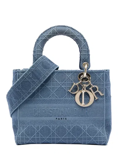 Pre-owned Dior 2020 Medium Canvas Cannage Lady D Lite Satchel In Blue