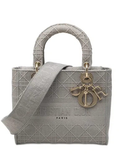 Pre-owned Dior 2020 Medium Canvas Cannage Lady D Lite Satchel In Gray