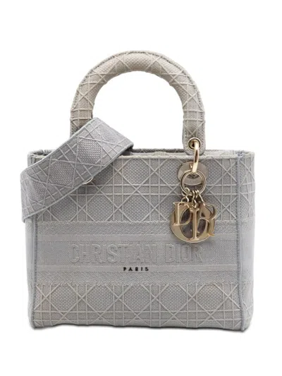 Pre-owned Dior 2020 Medium Canvas Cannage Lady D Lite Satchel In Gray