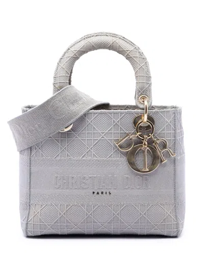 Pre-owned Dior 2020 Medium Canvas Cannage Lady D Lite Satchel In Grey