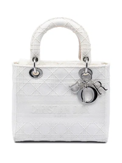 Pre-owned Dior 2020 Medium Canvas Cannage Lady D Lite Satchel In White