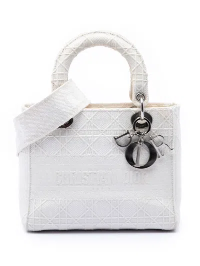 Pre-owned Dior 2020 Medium Canvas Cannage Lady D Lite Satchel In White
