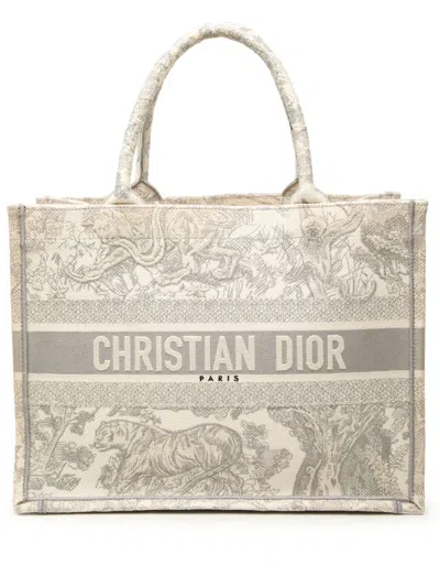 Pre-owned Dior 2020 Medium Canvas Embroidered Iviera Toile De Jouy Book Tote Bag In Grey