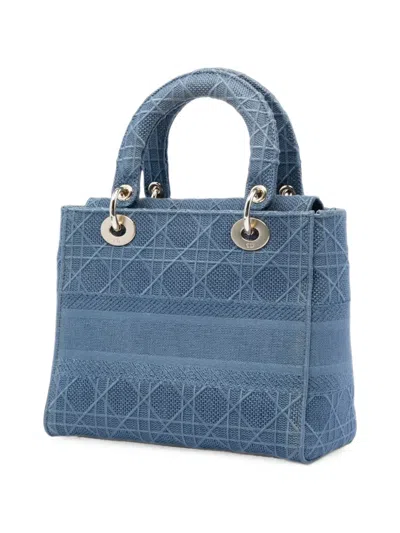 Pre-owned Dior 2020 Medium Embroidered Canvas Cannage Lady D Lite Satchel In Blue